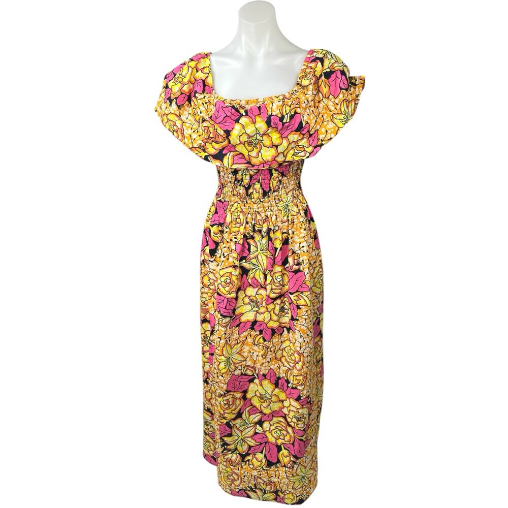 Marine Women's Yellow Pink Floral Tropical Smocked Waist A Line Maxi Dress Sz L